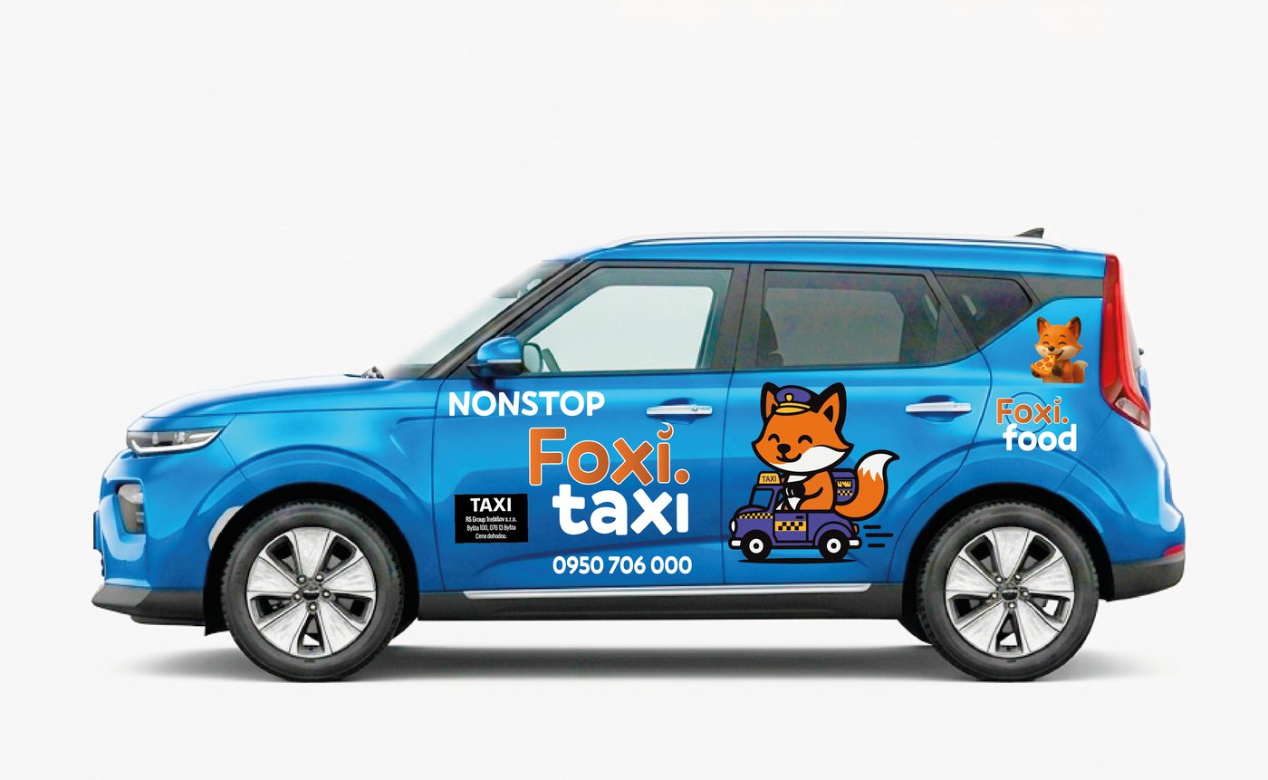 Auto FOXI TAXI — modrá Kia s líškou Foxi