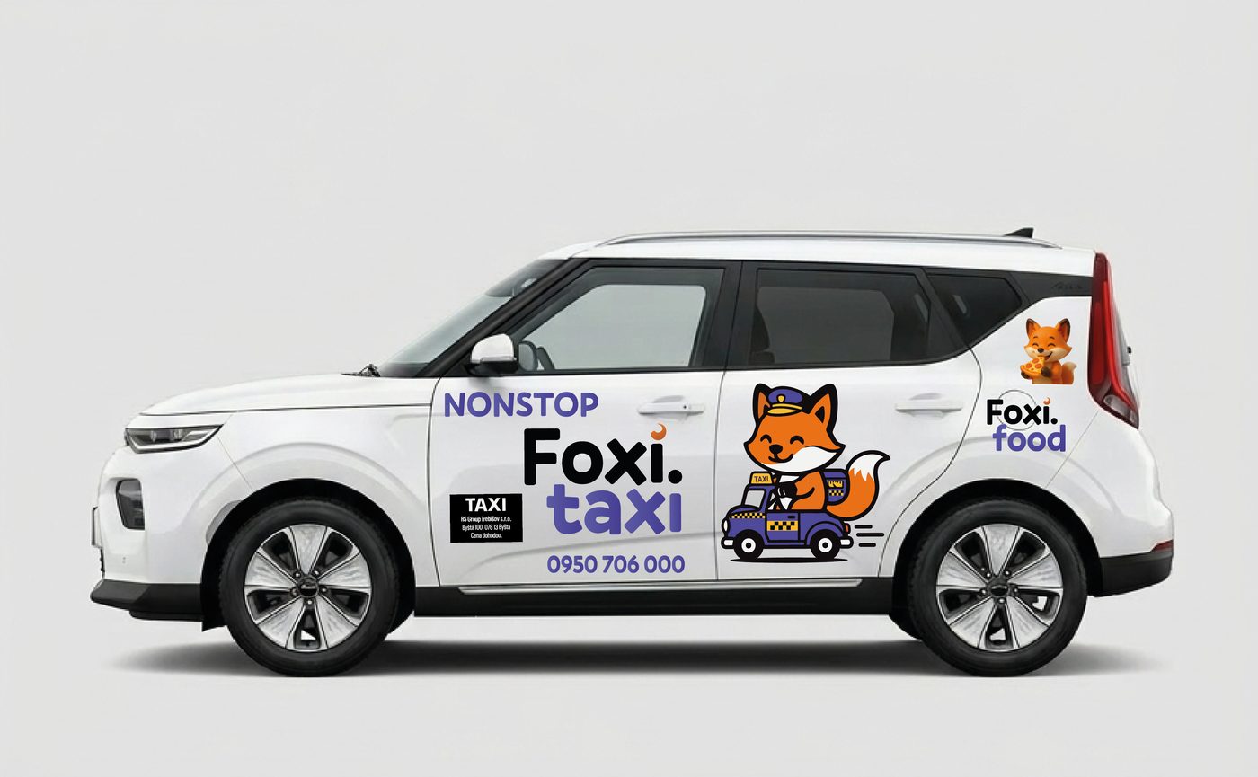 Auto FOXI TAXI — biela Kia s líškou Foxi